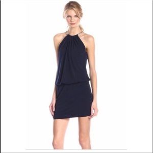 Navy blue dress with gold collar